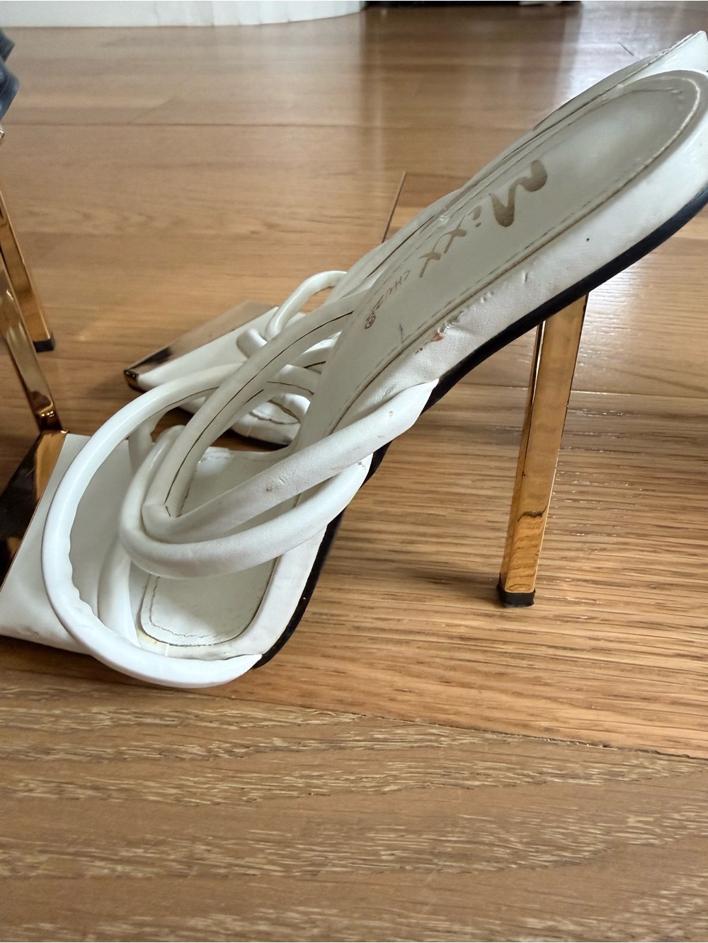 Mixx Shuz White Strappy Heeled Sandals with Gold Stiletto